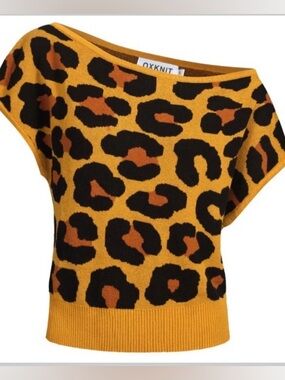 OXknit Leopard Print Knit Off Shoulder Top Size L